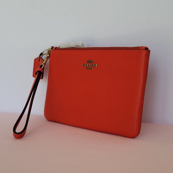 COACH Small Wristlet in Polished Pebbled Leather -Red Orange - Picture 6 of 16